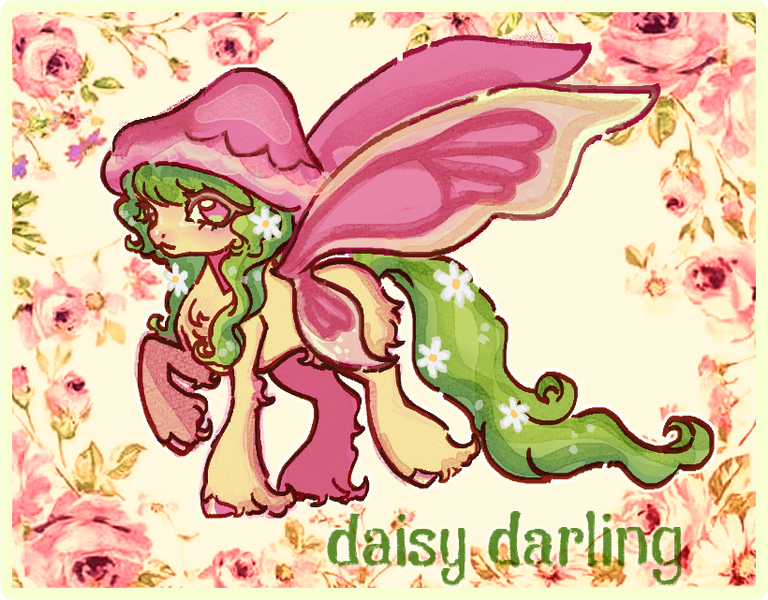 Size: 820x641 | Tagged: safe, artist:junniepiepoopop, derpibooru import, oc, oc:daisy darling, unofficial characters only, butterfly, butterfly pony, fairy, fairy pony, hybrid, insect, original species, pony, adoptable, bangs, blushing, butt fluff, butterfly wings, chest fluff, colored hooves, colored wings, concave belly, cream coat, daisy (flower), eye clipping through hair, eyelashes, female, female oc, flower, flower in hair, flower in tail, green mane, green tail, green text, hat, hock fluff, hoof fluff, hooves, image, long mane, long tail, looking at you, mare, mushroom hat, pink eyelashes, pink eyes, pink hooves, pink wings, png, shiny hooves, smiling, smiling at you, standing, standing on three hooves, tail, two toned wings, unshorn fetlocks, wings, yellow coat