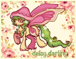 Size: 820x641 | Tagged: safe, artist:junniepiepoopop, derpibooru import, oc, oc:daisy darling, unofficial characters only, butterfly, butterfly pony, fairy, fairy pony, hybrid, insect, original species, pony, adoptable, bangs, blushing, butt fluff, butterfly wings, chest fluff, colored hooves, colored wings, concave belly, cream coat, daisy (flower), eye clipping through hair, eyelashes, female, female oc, flower, flower in hair, flower in tail, green mane, green tail, green text, hat, hock fluff, hoof fluff, hooves, image, long mane, long tail, looking at you, mare, mushroom hat, pink eyelashes, pink eyes, pink hooves, pink wings, png, shiny hooves, smiling, smiling at you, standing, standing on three hooves, tail, two toned wings, unshorn fetlocks, wings, yellow coat