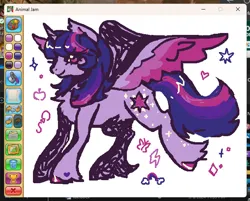 Size: 660x530 | Tagged: safe, artist:junniepiepoopop, derpibooru import, twilight sparkle, twilight sparkle (alicorn), alicorn, pony, g4, animal jam, art program in frame, bangs, cascading cutie mark, colored hooves, colored wings, colored wingtips, ear fluff, eye clipping through hair, eyelashes, female, fetlock tuft, heart, heart mark, hooves, horn, image, jpeg, mare, profile, purple eyes, purple hooves, purple wingtips, raised leg, shiny hooves, shiny mane, shiny tail, smiling, sparkles, spread wings, standing, standing on three hooves, stars, straight mane, straight tail, three toned mane, three toned tail, three toned wings, unicorn horn, wings