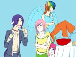 Size: 1600x1200 | Tagged: artist needed, safe, derpibooru import, fluttershy, pinkie pie, rainbow dash, rarity, human, g4, drink, horn, horned humanization, humanized, image, jpeg, punch (drink), punch bowl, rule 63, smiling, smirk, winged humanization, wings