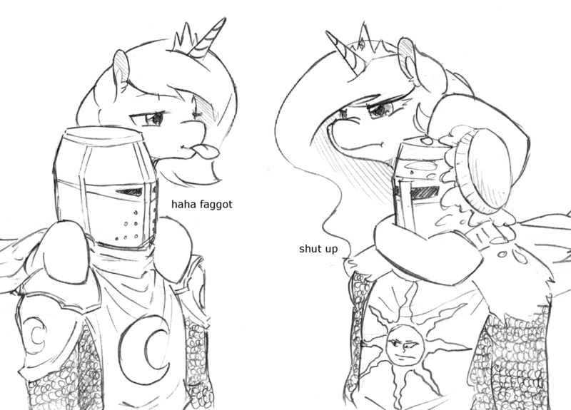 Size: 1280x920 | Tagged: safe, artist:anonymous, derpibooru import, princess celestia, princess luna, human, pony, g4, armor, faggot, female, food, grayscale, group, image, implied anon, knight, looking at each other, looking at someone, mare, monochrome, pencil drawing, pie, png, ponies riding humans, quartet, riding, royal sisters, sibling rivalry, siblings, sisters, slur, tongue out, traditional art, vulgar