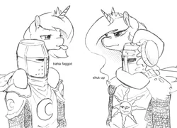 Size: 1280x920 | Tagged: safe, artist:anonymous, derpibooru import, princess celestia, princess luna, human, pony, g4, armor, faggot, female, food, grayscale, group, image, implied anon, knight, looking at each other, looking at someone, mare, monochrome, pencil drawing, pie, png, ponies riding humans, quartet, riding, royal sisters, sibling rivalry, siblings, sisters, slur, tongue out, traditional art, vulgar