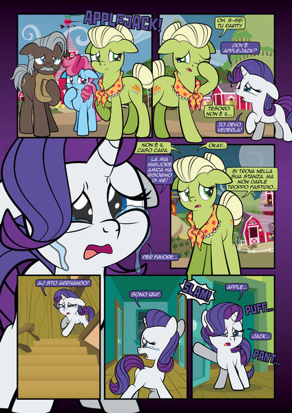 Size: 1920x2715 | Tagged: safe, artist:alexdti, derpibooru import, burnt oak, cup cake, granny smith, rarity, earth pony, pony, unicorn, comic:how we met (italian), g4, chiffon swirl, comic, crying, female, filly, filly rarity, foal, horn, image, implied applejack, italian, jpeg, wrong eye color, young granny smith, younger