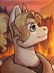 Size: 1040x1400 | Tagged: safe, artist:bunnyshrubby, derpibooru import, oc, oc:golden sayif, unofficial characters only, earth pony, pony, equestria at war mod, arson, burning, bust, clothes, coat, digital art, female, fire, generals and field marshals from aestlonia, image, jpeg, mare, new characters for equestria at war, new characters for equestria at war mod, outdoors, portrait, pyromaniac, smiling, smug, snow, solo