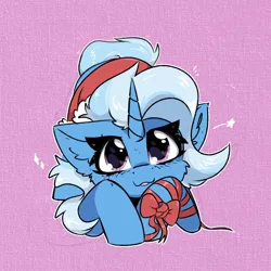 Size: 2000x2000 | Tagged: safe, artist:jubyskylines, derpibooru import, trixie, pony, unicorn, series:12 days of trixmas, g4, :3, :p, christmas, cute, diatrixes, female, hat, holiday, horn, image, jpeg, looking at you, mare, pink background, santa hat, simple background, solo, tongue out