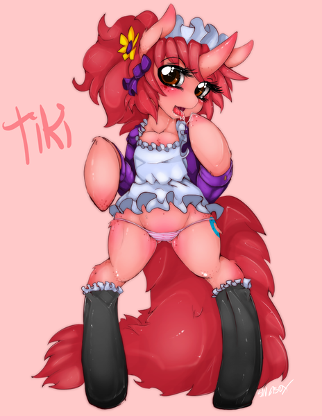 Size: 773x1000 | Tagged: questionable, artist:slugbox, derpibooru import, oc, oc:tiki, unicorn, bipedal, clothes, drool, female, female oc, horn, image, maid, maid headdress, panties, pink background, png, simple background, socks, stockings, thigh highs, tongue out, underwear, unicorn oc