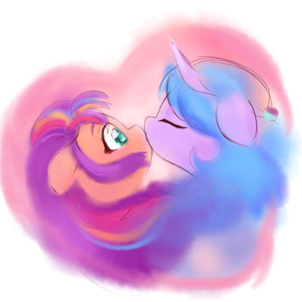 Size: 2048x2048 | Tagged: safe, artist:dulldi, derpibooru import, izzy moonbow, sunny starscout, earth pony, pony, unicorn, g5, duo, duo female, eyes closed, female, heart, heart background, heart eyes, horn, image, kiss on the lips, kissing, lesbian, png, ship:moonscout, shipping, wingding eyes