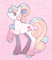 Size: 1242x1443 | Tagged: safe, artist:beyhr, derpibooru import, oc, oc:belle ringer, unofficial characters only, pony, unicorn, blue hooves, colored hooves, curly mane, curly tail, eyeshadow, freckles, gradient legs, green eyes, hooves, horn, image, lidded eyes, makeup, pink background, pink eyeshadow, png, raised hoof, simple background, smiling, smirk, solo, standing, tail, unshorn fetlocks, zoom layer