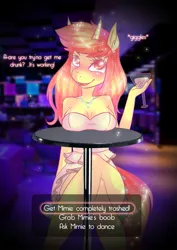 Size: 707x1000 | Tagged: safe, artist:modcoon, derpibooru import, oc, oc:mimie, unofficial characters only, anthro, unicorn, alcohol, clothes, dialogue, drink, female, flirting, horn, image, png, unicorn oc