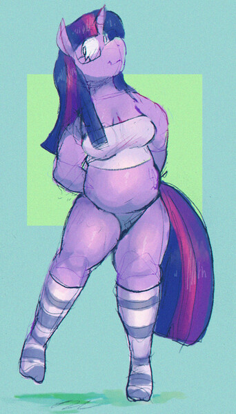 Size: 727x1277 | Tagged: suggestive, artist:wolfgirl9million, derpibooru import, twilight sparkle, anthro, unicorn, g4, arm behind back, breasts, chubby, cleavage, clothes, female, glasses, horn, image, jpeg, panties, short shirt, socks, solo, solo female, standing, standing on one leg, striped socks, tail, underwear, unicorn twilight