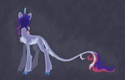 Size: 2500x1600 | Tagged: safe, artist:polymercorgi, derpibooru import, oc, oc:book loft, unofficial characters only, classical unicorn, pony, unicorn, chest fluff, cloven hooves, colored hooves, colored horn, facing away, female, fetlock tuft, gradient horn, gray background, hooves, horn, image, leg fluff, leonine tail, mare, pale belly, png, simple background, slender, solo, standing, tail, tail fluff, thin, unshorn fetlocks