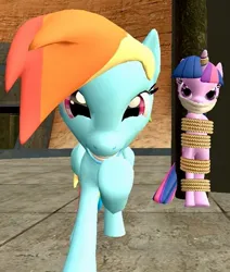 Size: 649x766 | Tagged: safe, derpibooru import, rainbow dash, twilight sparkle, pegasus, unicorn, g4, 3d, abuse, angry, bondage, bound and gagged, cloth gag, gag, gritted teeth, horn, image, jpeg, my little pony, pole tied, source filmmaker, teeth, twilight sparkle is not amused, twilybuse, unamused