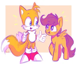 Size: 757x631 | Tagged: safe, artist:archieboop2, derpibooru import, scootaloo, fox, pegasus, pony, g4, blushing, duo, duo male and female, emanata, female, image, looking at each other, looking at someone, male, miles "tails" prower, mobian, open mouth, open smile, passepartout, png, smiling, sonic the hedgehog (series), spread wings, wings