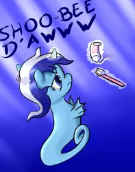 Size: 1500x1900 | Tagged: safe, alternate version, artist:osakaoji, derpibooru import, minuette, pony, sea pony, unicorn, g4, brushie, crepuscular rays, female, fins, flowing mane, frown, horn, image, magic, mare, nose wrinkle, ocean, png, sad, seaponified, seaweed, shoo be doo, solo, species swap, sunlight, telekinesis, toothbrush, toothpaste, underwater, water