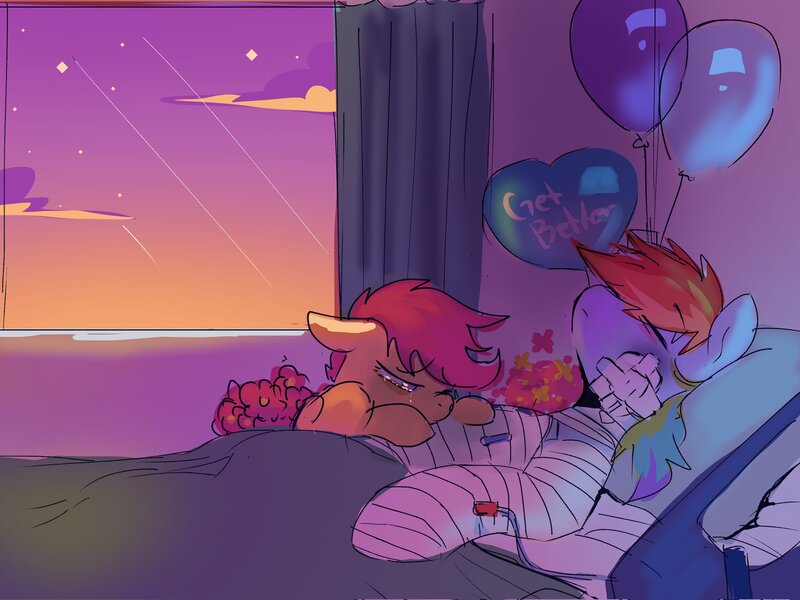 Size: 2048x1536 | Tagged: safe, artist:piesinful, derpibooru import, rainbow dash, scootaloo, pegasus, pony, comic:unlucky day, fanfic:cupcakes, g4, balloon, bandage, bed, bouquet, crying, duo, duo female, female, filly, flower, foal, hospital, hospital bed, image, jpeg, mare, sunset, twilight (astronomy)