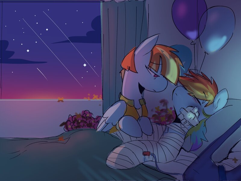 Size: 2048x1536 | Tagged: safe, artist:piesinful, derpibooru import, rainbow dash, windy whistles, pegasus, pony, comic:unlucky day, fanfic:cupcakes, g4, balloon, bandage, bed, duo, duo female, female, flower, hospital, hospital bed, image, jpeg, lidded eyes, mare, mother and child, mother and daughter, sunrise