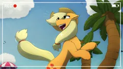 Size: 4269x2400 | Tagged: safe, artist:monycaalot, derpibooru import, applejack, earth pony, art pack:beach day paradise, g4, beach umbrella, camera shot, cloud, female, happy, image, looking up, palm tree, png, smiling, solo, tree, umbrella