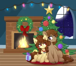 Size: 7680x6650 | Tagged: safe, artist:unichan, derpibooru import, oc, oc:noctalia, oc:talu gana, unofficial characters only, bat pony, pegasus, pony, bat pony oc, bat wings, christmas, christmas tree, collar, ear fluff, female, fireplace, garland, holiday, image, looking at each other, looking at someone, male, night, oc x oc, pegasus oc, pegasus wings, png, ponytail, present, shipping, sitting, size difference, smiling, smiling at each other, snow, straight, tree, wings