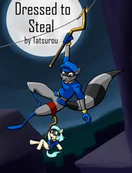 Size: 1464x1916 | Tagged: safe, artist:pokefangirl491, derpibooru import, anthro, earth pony, pony, fanfic, crossover, duo, fanfic art, fanfic cover, full moon, image, mask, moon, night, png, racoon, sly cooper