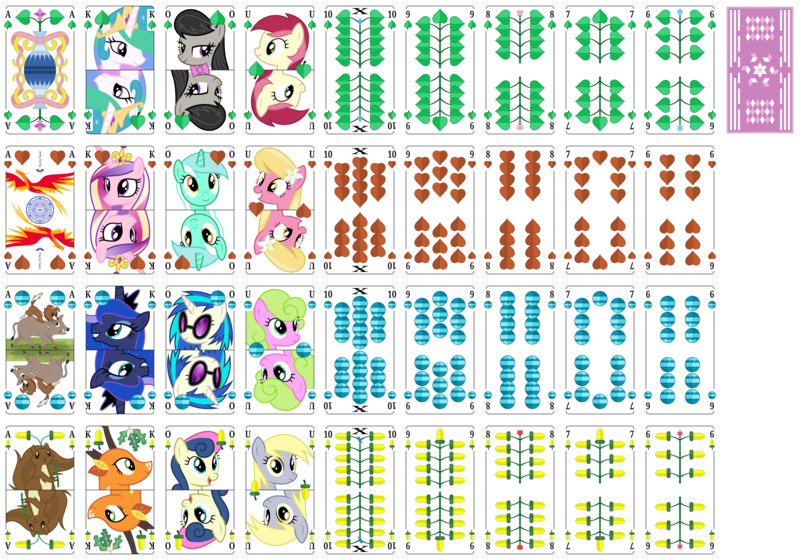 Size: 8000x5600 | Tagged: safe, artist:parclytaxel, derpibooru import, bon bon, daisy, derpy hooves, flower wishes, lily, lily valley, lyra heartstrings, octavia melody, philomena, princess cadance, princess celestia, princess luna, roseluck, sweetie drops, the great seedling, vinyl scratch, winona, alicorn, boar, dog, earth pony, pegasus, phoenix, pig, pony, squirrel, unicorn, series:parcly's pony pattern playing cards, g4, .svg available, absurd resolution, acorn, bell, bust, element of generosity, element of honesty, element of kindness, element of laughter, element of loyalty, element of magic, elements of harmony, female, flower, flower in hair, flower trio, flying, german, grin, heart, horn, image, leaf, looking at you, male, mare, playing card, png, portrait, rotational symmetry, simple background, smiling, smiling at you, transparent background, vase, vector