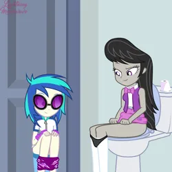 Size: 2000x2000 | Tagged: suggestive, artist:lightning_musicwave, derpibooru import, octavia melody, vinyl scratch, equestria girls, g4, bathroom, bucket, but why, clothes, duo, farting contest, female, glasses, image, imminent fart, implied farting, implied pooping, link in description, nudity, octavia's bowtie, panties, panties pulled down, pants, pants down, partial nudity, png, show accurate, show accurate porn, toilet, toilet paper, toilet paper roll, underwear