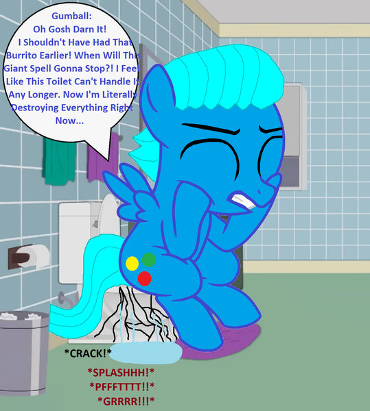 Size: 1500x1669 | Tagged: suggestive, artist:memeartboi, derpibooru import, ponified, pegasus, pony, g4, bathroom, big, but why, colt, cracked, cracking, eyes closed, foal, giant pony, grunt, grunting, gumball watterson, image, imminent flush, implied farting, implied pooping, indoors, macro, male, massive, onomatopoeia, pegasus wings, png, pushing, sitting, sitting on toilet, solo, sound effects, south park, speech bubble, spread wings, struggle, struggling, text, the amazing world of gumball, toilet, toilet humor, toilet paper, trash can, wings