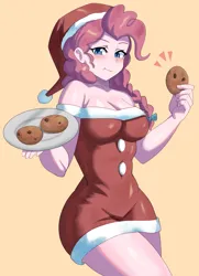 Size: 1485x2048 | Tagged: suggestive, artist:tzc, derpibooru import, pinkie pie, human, equestria girls, g4, breasts, busty pinkie pie, christmas, clothes, cookie, costume, dress, female, food, hat, holiday, humanized, image, jpeg, plate, santa costume, santa hat, sexy, sexy santa costume, simple background, solo, solo female, yellow background