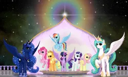 Size: 7500x4500 | Tagged: safe, artist:xodok, derpibooru import, applejack, fluttershy, pinkie pie, princess celestia, princess luna, rainbow dash, rarity, twilight sparkle, alicorn, earth pony, pegasus, pony, unicorn, series:ponyashnost, g4, female, horn, image, jpeg, looking at you, portal, siblings, sisters, smiling, smiling at you, stars