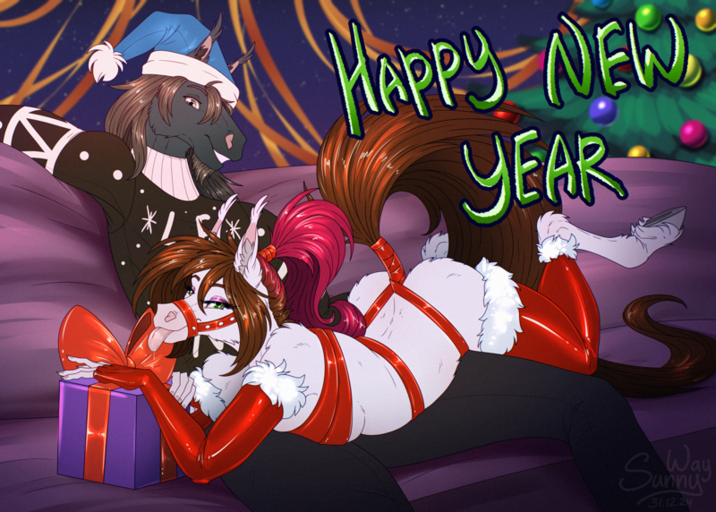 Size: 1600x1143 | Tagged: safe, artist:sunny way, derpibooru import, oc, oc:steven saidon, oc:sunny way, anthro, horse, pony, anthro horse, art, artwork, bondage, celebration, christmas, christmas tree, digital art, duo, exclusive, female, garland, happy, happy new year, happy new year 2025, harness, holiday, image, latex, male, mare, new year, png, present, sexy, smiling, stallion, tack, tongue out, tree