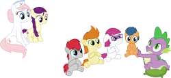 Size: 6578x3000 | Tagged: safe, artist:cloudy glow, derpibooru import, boysenberry, first base, gallop j. fry, little red, nurse redheart, spike, dragon, earth pony, pony, a flurry of emotions, g4, colt, female, filly, foal, image, male, mare, my little pony, png, simple background, train tracks (g4), transparent background, vector