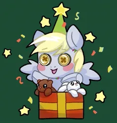 Size: 745x784 | Tagged: safe, artist:pierogarts, derpibooru import, derpy hooves, pegasus, pony, rabbit, g4, animal, box, button eyes, confetti, image, jpeg, plushie, present, solo, stars, teddy bear