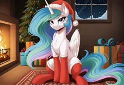 Size: 2432x1664 | Tagged: safe, ai content, generator:zoinksnoob, machine learning generated, princess celestia, alicorn, pony, g4, bedroom eyes, carpet, christmas, christmas tree, clothes, eyebrows visible through hair, female, fireplace, hat, holiday, image, indoors, jpeg, lidded eyes, looking at you, mare, partially open wings, present, prompter:siber, santa hat, sitting, smiling at you, snow, snowfall, socks, solo, thigh highs, tree, window