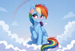 Size: 2104x1440 | Tagged: safe, ai content, generator:zoinksnoob, machine learning generated, rainbow dash, pegasus, pony, g4, blushing, cloud, eyebrows visible through hair, female, flower, flower in hair, image, jpeg, looking sideways, mare, on a cloud, prompter:siber, rainbow, raised hoof, sitting, sitting on cloud, sky, smiling, solo