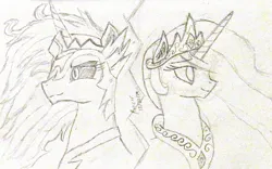 Size: 754x471 | Tagged: safe, artist:ponerr, derpibooru import, daybreaker, princess celestia, alicorn, g4, duo, duo female, female, image, jpeg, monochrome, signature