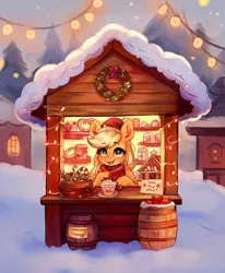 Size: 2689x3256 | Tagged: safe, artist:polnocnykot, derpibooru import, applejack, earth pony, pony, g4, blushing, candy, candy cane, cheek fluff, christmas, christmas wreath, clothes, coffee, coffee cup, coffee mug, cup, cute, ear fluff, female, food, freckles, garland, gingerbread (food), gingerbread house, happy new year, hat, holiday, image, jpeg, mug, new year, new years eve, open mouth, open smile, santa hat, scarf, selling, smiling, snow, solo, tree, unshorn fetlocks, whipped cream, winter, winter outfit, wreath