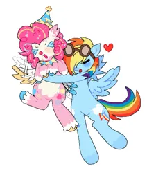 Size: 869x967 | Tagged: safe, artist:poniesinmyhead, derpibooru import, pinkie pie, rainbow dash, pegasus, pony, g4, :3, alternate design, duo, duo female, female, goggles, goggles on head, hat, image, jpeg, lesbian, party hat, pegasus pinkie pie, pinkiedash, race swap, shipping, simple background, smiling, white background