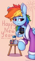 Size: 1000x1707 | Tagged: safe, artist:zeepheru_pone, derpibooru import, rainbow dash, pegasus, pony, g4, clothes, female, happy new year, holiday, image, looking at you, mug, png, robe, solo, text, wing hold, wings