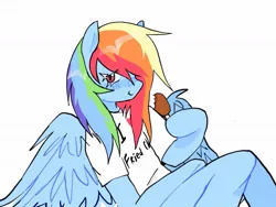 Size: 1249x937 | Tagged: safe, artist:poniesinmyhead, derpibooru import, rainbow dash, pegasus, semi-anthro, g4, blue coat, blue wings, chicken leg, chicken meat, food, holding, image, jpeg, meat, multicolored hair, rainbow hair, simple background, solo, white background, wings