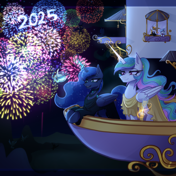 Size: 3000x3000 | Tagged: safe, artist:opal_radiance, derpibooru import, prince blueblood, princess celestia, princess luna, oc, oc:opal rosamond, alicorn, pegasus, pony, unicorn, equestria at war mod, g4, 2025, drink, drinking glass, duo focus, fireworks, glass, happy new year, holiday, horn, image, levitation, magic, png, solo, telekinesis