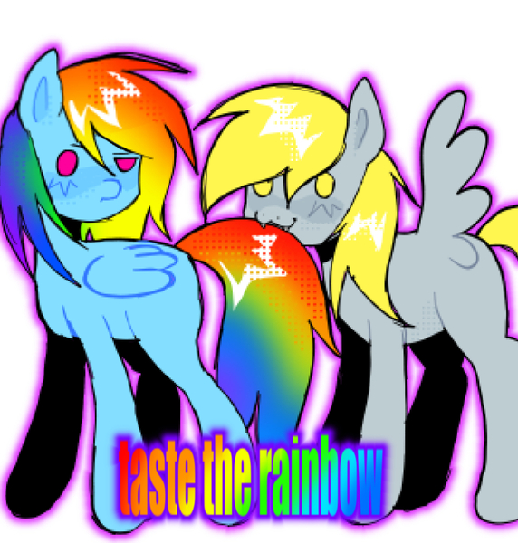 Size: 991x1039 | Tagged: safe, artist:poniesinmyhead, derpibooru import, derpy hooves, rainbow dash, pegasus, pony, g4, :3, biting, blonde mane, blue coat, cute, duo, duo female, female, folded wings, image, jpeg, multicolored hair, outline, rainbow hair, rainbow tail, simple background, smiling, spread wings, tail, tail bite, taste the rainbow, text, white background, wings