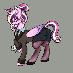 Size: 1620x1620 | Tagged: safe, artist:vaporub, derpibooru import, princess cadance, alicorn, pony, g4, alternate hairstyle, business suit, cadence bank, clothes, eyeshadow, female, gray background, image, jpeg, lidded eyes, makeup, mare, pantyhose, simple background, solo