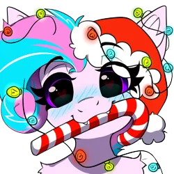 Size: 2048x2048 | Tagged: safe, artist:rileyisherehide, derpibooru import, oc, oc:sweetie swirl, bat pony, bat pony oc, bat wings, blue blush, blushing, christmas, christmas lights, cute, ear fluff, eyelashes, fangs, femboy, hat, heart, heart eyes, hearth's warming, holiday, image, male, multicolored hair, png, santa hat, shoulder fluff, solo, wingding eyes, wings