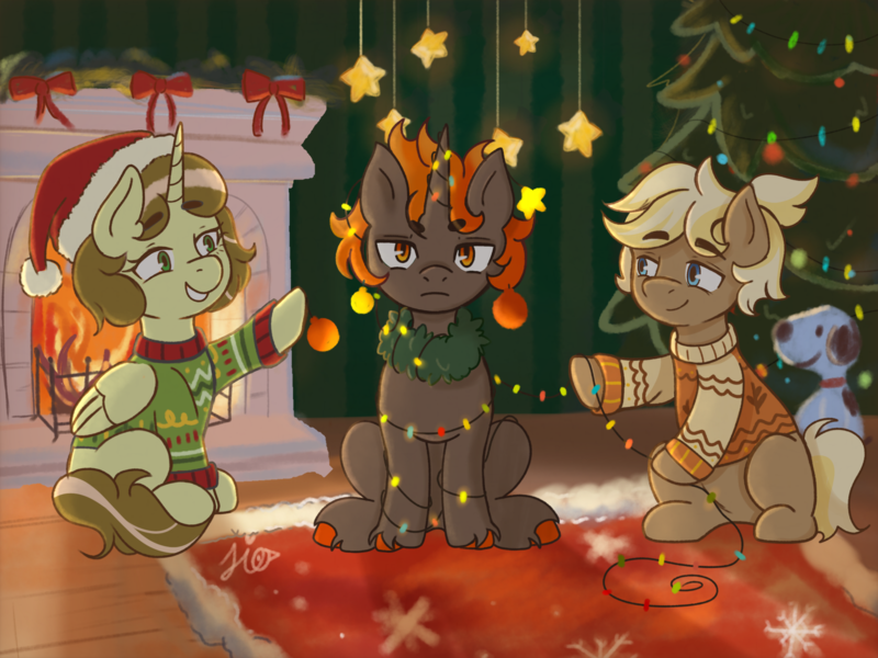 Size: 2048x1536 | Tagged: safe, artist:duckyia, derpibooru import, oc, unofficial characters only, alicorn, earth pony, pegasus, pony, unicorn, annoyed, chimney, christmas, christmas lights, christmas tree, clothes, decorating, decoration, eyebrows, fire, fireplace, happy, hat, holiday, horn, image, indoors, irritated, png, reaching, rug, santa hat, signature, sitting, snoopy, stars, sweater, tree, unshorn fetlocks