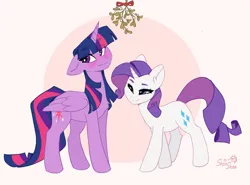 Size: 2233x1650 | Tagged: safe, artist:shooshaa, derpibooru import, rarity, twilight sparkle, twilight sparkle (alicorn), alicorn, pony, unicorn, g4, blushing, duo, female, horn, image, lesbian, mare, mistletoe, png, seductive look, ship:rarilight, shipping, simple background, wavy mouth