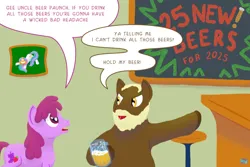 Size: 800x533 | Tagged: safe, artist:quint-t-w, derpibooru import, berry punch, berryshine, princess celestia, oc, oc:beer paunch, earth pony, pony, g4, 2025, alcohol, beer, chalkboard, drink, earth pony oc, image, picture, png, pub, traffic cone