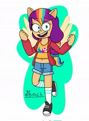 Size: 753x1024 | Tagged: safe, artist:garybaldor, derpibooru import, sunny starscout, alicorn, human, equestria girls, g4, g5, my little pony: a new generation, artificial wings, augmented, belly, belly button, clothes, converse, cutie mark, cutie mark on clothes, equestria girls-ified, eyebrows, eyebrows visible through hair, female, g5 to g4, generation leap, hoodie, image, jpeg, magic, magic wings, mane stripe sunny, midriff, ponied up, pony ears, race swap, shoes, signature, smiling, socks, solo, solo female, stomach, sunnycorn, wings