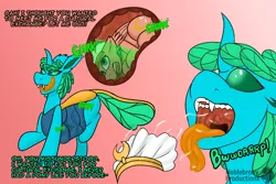 Size: 3000x2000 | Tagged: suggestive, artist:noblebrony317, derpibooru import, somnambula, oc, oc:scara, changedling, changeling, pegasus, g4, abdominal bulge, blue changedling, burp, burping up items, changedling oc, changeling oc, digestion, image, internal, png, stomach acid, stomach noise, vore