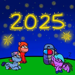 Size: 1280x1280 | Tagged: safe, artist:josephthedumbimpostor, derpibooru import, oc, oc:diane deluxe, oc:joseph, oc:maria meltdown, oc:selena smash, earth pony, pegasus, unicorn, among us, earth pony oc, fireworks, happy new year, holiday, horn, image, mario kart, new year 2025, non-mlp oc, pegasus oc, png, super mario, super smash bros., unicorn oc, wings