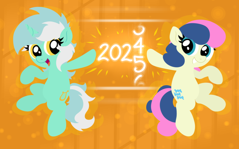 Size: 5782x3629 | Tagged: safe, artist:background basset, derpibooru import, bon bon, lyra heartstrings, sweetie drops, earth pony, pony, unicorn, g4, abstract background, happy new year, holiday, horn, image, new year, numbers, open mouth, png, smiling