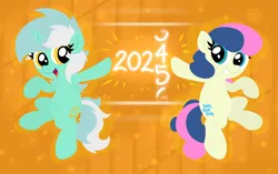 Size: 5782x3629 | Tagged: safe, artist:background basset, derpibooru import, bon bon, lyra heartstrings, sweetie drops, earth pony, pony, unicorn, g4, abstract background, happy new year, holiday, horn, image, new year, numbers, open mouth, png, smiling